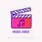 Music video thin line icon: cinema flapper with music note. Modern vector illustration for logo