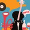 Music and wine promotional poster with violoncello and trumpet flat vector illustration. Colorful music background, music show, li