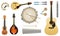 Musical acoustic instruments. String Guitar Ukulele Drums Metallophone Domra Balalaika or Mandolin. Set of elements for