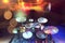 Musical background.Drumkit on stage lights performance