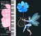 Musical banner with piano keys, pink petals of cosmos flower and winged elf dancing with lyre on a black background in vector