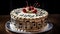 musical birthday cake adorned with cherry,rasberry,berry,edible musical notes, and a topper resembling a conductor\\\'s baton