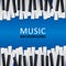 Musical blue background with piano keys and text. Graphic design template can be used for background, backdrop, banner