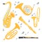 Musical brass Instruments collection. Jazz gold objects. Trumpet and saxophone, trombone and flute, clarinet and French