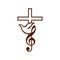 Musical Christian logo. Cross, dove and treble clef