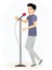 Musical concert. Cute young man with a microphone sings in a karaoke club or recording studio