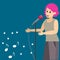 Musical concert. A girl with pink hair sings on a blue background. Vector illustration