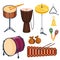 Musical drum wood rhythm music instrument series set of percussion vector illustration