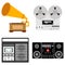 Musical equipment. Gramophone, bobbin tape recorder, cassette tape recorder, music center