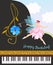 Musical fairy girl in pink tutu with treble clef in shape of cosmos flower and black concert grand piano. Happy birthday card