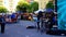 musical group entertains during a street food fair in the Roman Marconi district, with an offer of meat, sandwiches and sweets an