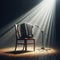 A musical instrument: accordion, sits on alone on stage ready to play, under a strong single spotlight