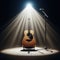 A musical instrument: acoustic guitar, sits on alone on stage ready to play, under a strong single spotlight