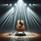 A musical instrument: acoustic guitar, sits on alone on stage ready to play, under a strong single spotlight