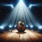 A musical instrument: acoustic guitar, sits on alone on stage ready to play, under a strong single spotlight