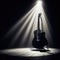 A musical instrument: acoustic guitar, sits on alone on stage ready to play, under a strong single spotlight