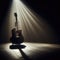 A musical instrument: acoustic guitar, sits on alone on stage ready to play, under a strong single spotlight