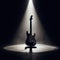 A musical instrument: electric guitar, sits on alone on stage ready to play, under a strong single spotlight