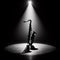 A musical instrument: saxophone, sits on alone on stage ready to play, under a strong single spotlight