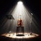 A musical instrument: violin, sits on alone on stage ready to play, under a strong single spotlight