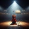 A musical instrument: violin, sits on alone on stage ready to play, under a strong single spotlight