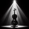 A musical instrument: violin, sits on alone on stage ready to play, under a strong single spotlight