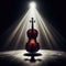 A musical instrument: violin, sits on alone on stage ready to play, under a strong single spotlight