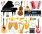 Musical instruments. Cartoon music band instruments, piano, drums, harp and synthesiser vector symbols set. Orchestra or