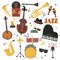 Musical instruments decorative icons with guitar drums headphones and jazz rock concert note silhouette audio piano