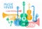 Musical instruments, guitar, fiddle, violin, clarinet, banjo, trombone, trumpet, saxophone, sax. Hand drawn vector illustration.