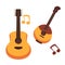 Musical instruments guitars or banjo and music notes vector isolated flat icons