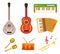 Musical instruments icon set flat cartoon style. Collection with guitar, bouzouk, drum, trumpet, synthesizer. Vector