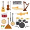 Musical instruments music concert with acoustic guitar or balalaika and musicians violin or harp illustration set wind
