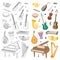 Musical instruments for music school design. Tuba, trumpet, drum flute, french horn, lute, violin, electric bass guitar