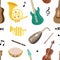 Musical instruments seamless background. Tuba, trumpet, drum flute, french horn, violin, electric bass guitar. Colored