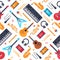 Musical instruments seamless pattern. Vintage piano synthesizer, rock guitar and drums. Music vector flat background