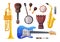 Musical Instruments Set, Cello, Ukulele, Saxophone, Harmonica, Maracas, Flute, Saxophone Flat Style Vector Illustration