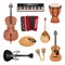 Musical instruments set, cello, violin, drum, cymbals, dombra, maracas, guitars, accordion vector Illustration on a