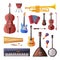 Musical Instruments Set, Cello, Violin, Guitar, Balalaika, Drum, Xylophone, Maracas, Piano Flat Style Vector