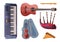 Musical Instruments Set, Harmonica, Flute, Violin in Case, Bagpipe, Clarinet, Synthesizer Flat Style Vector Illustration