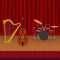 Musical instruments stand on stage for musical concert, ensemble performances with live sound vector illustration. Harp