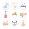 musical instruments vector flat illustration, drums, grand piano, dulcimer, Barbitos, violin, trumpet,