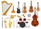 Musical instruments vector music concert with acoustic guitar balalaika and musicians violin harp illustration set wind