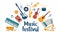 Musical instruments and vinyl record. Music festival invitation. Guitar, synthesizer, violin, cello, drum, cymbals, saxophone,