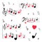 A musical mill with stylized notes, violin and bass keys, hearts. Musical romantic background.