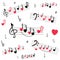 A musical mill with stylized notes, violin and bass keys, hearts. Musical romantic background.