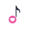Musical note icon, music icon with heart sign. Musical note icon and favorite, like, love, care symbol