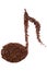 Musical note shape made of coffee beans over white background