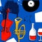 Musical promotional poster with musical instruments vector. Violoncello, piano, trumpet, lp record disc with bottle and glass for