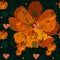 Musical rulers passing through the heart, music notes and signs, stars and elements in memphis style on orange cosmos flowers